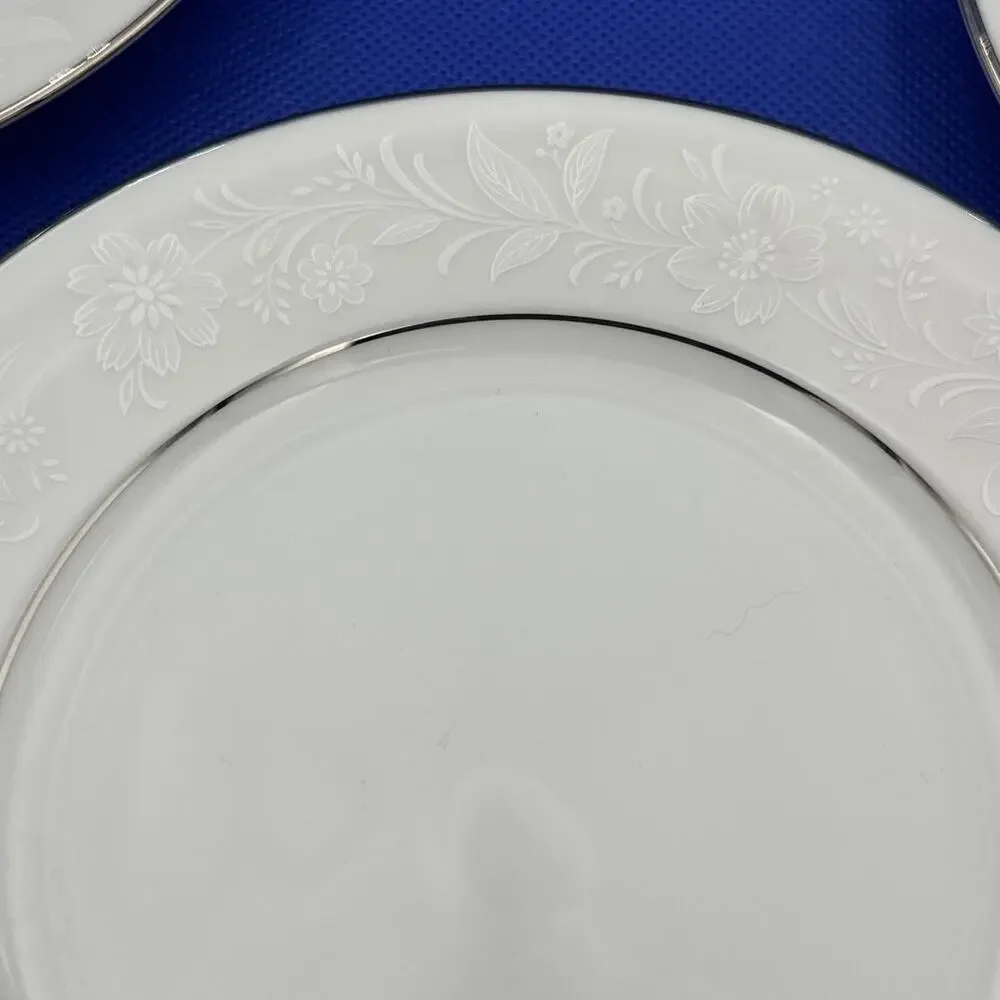 Noritake Ranier 6909 Bread Plates 6 3/8” White Floral on White Silver Rim‎ Set 4